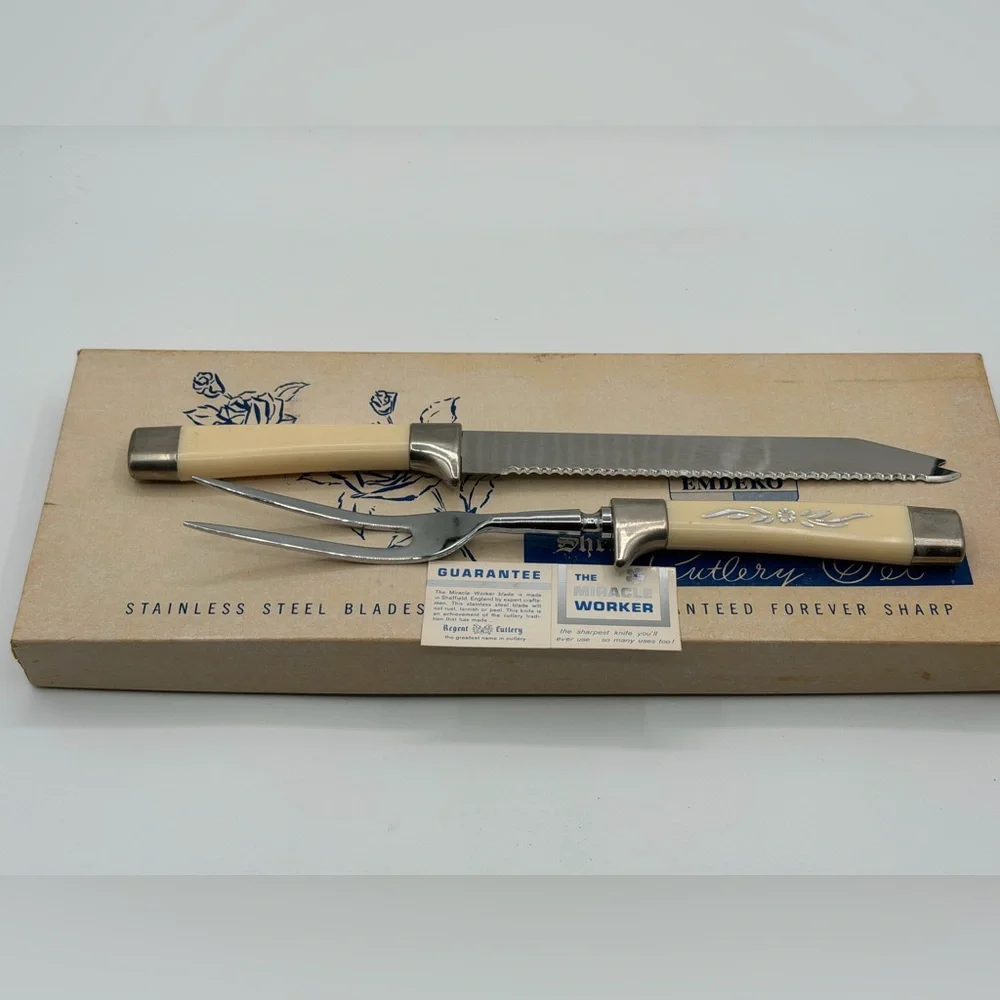 Sheffield 2 Pc Cutlery Set Carving Knife & Meat Fork Floral Stainless Steel